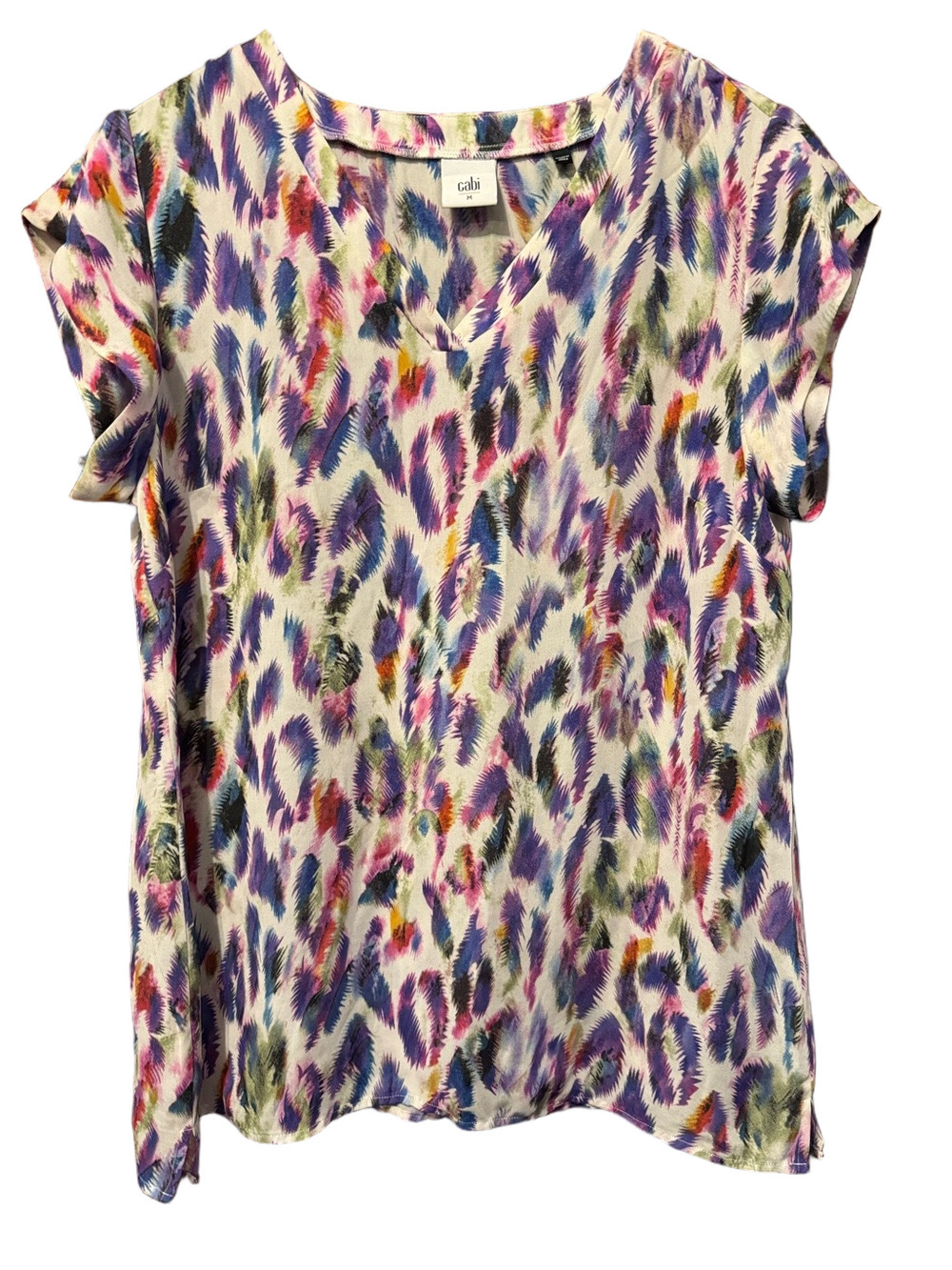 CAbi Multicolor Feather-Print V-Neck Lightweight Blouse Size M